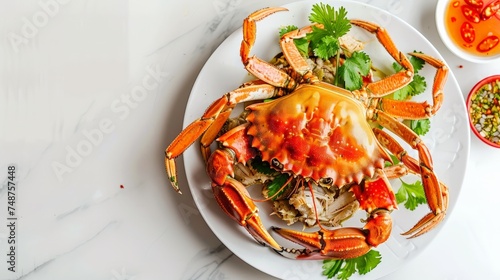 Steamed crab in a dish. Boiled crab fresh served with spicy sauce on white background. Thai food style,Top view.
