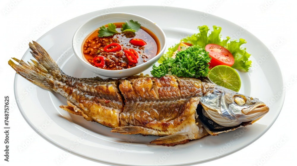 Top view of delicious deep fried Seabass fish with fish sauce served with spicy dipping sauce on white plate isolated on white background. Famous fried fish dish in Thai restaurant. Top view of delicious deep fried Seabass fish with fish sauce served with spicy dipping sauce on white plate isolated on white background. Famous fried fish dish in Thai restaurant.