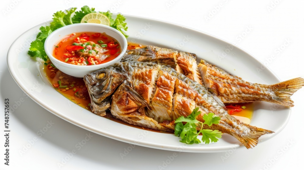 Top view of delicious deep fried Seabass fish with fish sauce served with spicy dipping sauce on white plate isolated on white background. Famous fried fish dish in Thai restaurant.