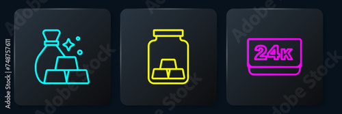 Set line Bag of gold bars, Gold 24k and . Black square button. Vector