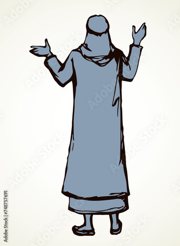 Arab with his hands up, stands with his back. Vector drawing