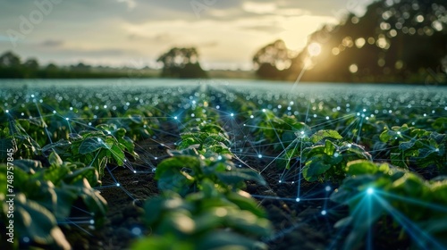 Blockchain in Agriculture: A farm using blockchain for supply chain tracking, with data points floating above crops. photo