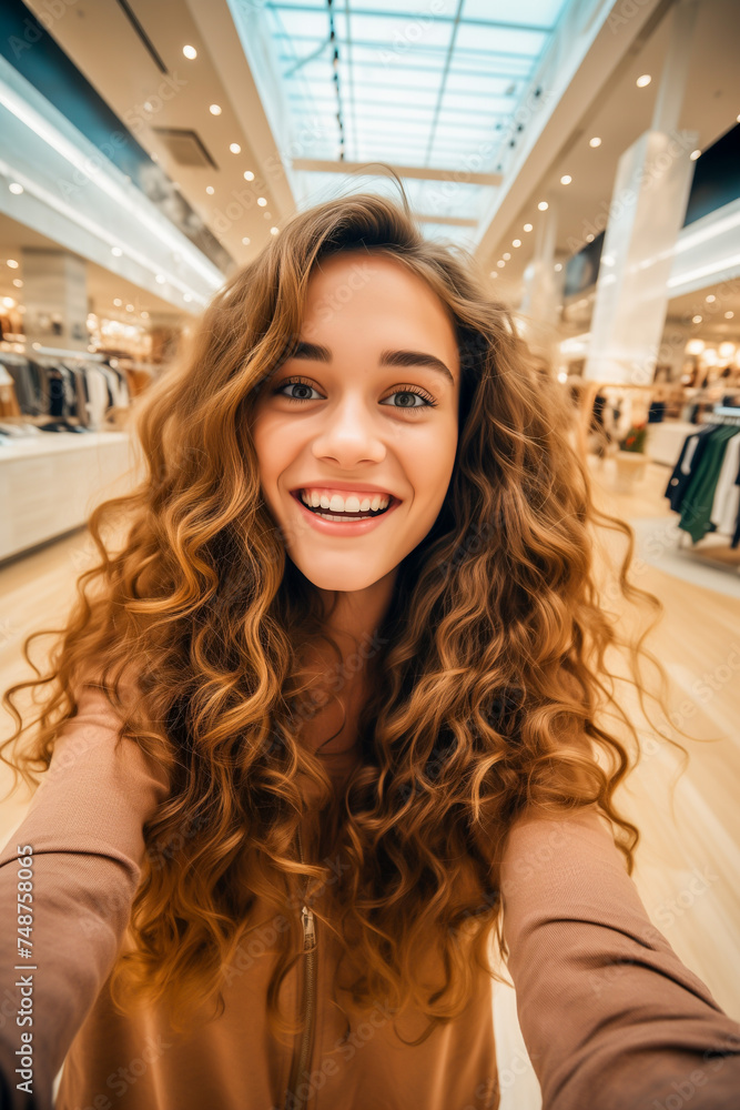 Young woman taking selfie in shopping mall