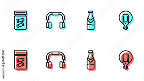 Set line Beer bottle, Evidence bag with bullet, Headphones and Microphone icon. Vector