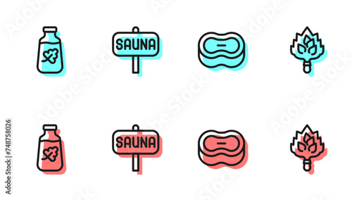 Set line Bar of soap, Essential oil bottle, Sauna and broom icon. Vector