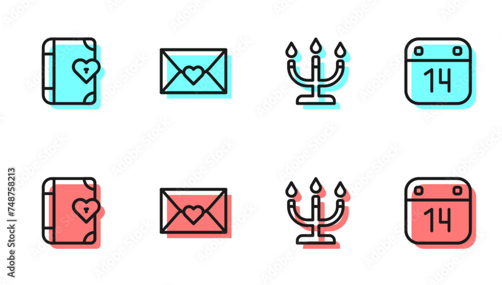 Set line Candlestick, Love diary, Envelope with Valentine heart and Calendar February 14 icon. Vector Set line Candlestick, Love diary, Envelope with Valentine heart and Calendar February 14 icon. Vector