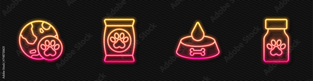Set line Pet food bowl for cat or dog, World pet, Bag of and Medicine bottle and pills. Glowing neon icon. Vector Set line Pet food bowl for cat or dog, World pet, Bag of and Medicine bottle and pills. Glowing neon icon. Vector
