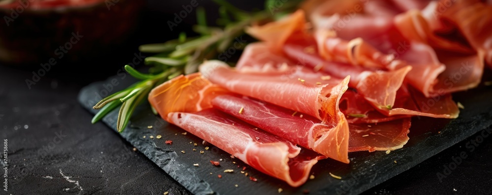 Spanish jamon ham sliced on black modern slate top view. Spanish jamon ham sliced on black modern slate top view.