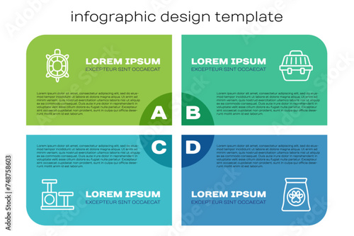Set line Cat scratching post with toy, Turtle, Bag of food for pet and Pet carry case. Business infographic template. Vector