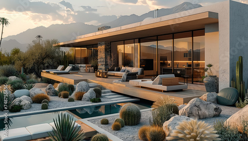 Beautiful contemporary modern backyard landscape design in the desert. Generative AI. © visoot