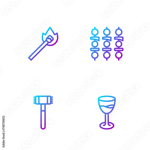 Set line Wine glass, Kitchen hammer, Burning match with fire and Grilled shish kebab. Gradient color icons. Vector