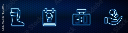 Set line Sport mechanical scoreboard, boxing shoes, Boxing glove and . Glowing neon icon on brick wall. Vector