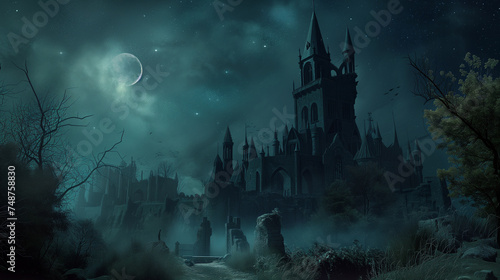 The imposing silhouette of an 18th-century castle rises against the moonlit landscape. Soft glow of moonlight. Illuminated the ancient stone walls and mysterious grounds. Stars and haunting atmosphere