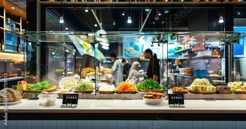 Transparent Protection - Noodle stall in urban food court with clear acrylic barrier installed in front to separate seller and customers