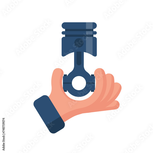 A mechanic holds an engine piston in hand. Spare cars. Engine parts. Vector illustration cartoon design. Isolated on a white background. Element design for web mobile app, print as logo repairs cars.