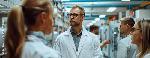 A technician in white coat demonstrating the use of powder coating equipment to a small group inside the huge clean white factory. Generative AI.
