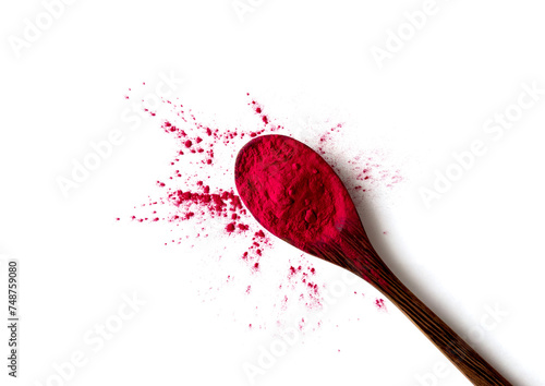Organic Beetroot Powder on a Wooden Spoon. Beet Root Juice Powder. Superfood Concept. Top View. photo