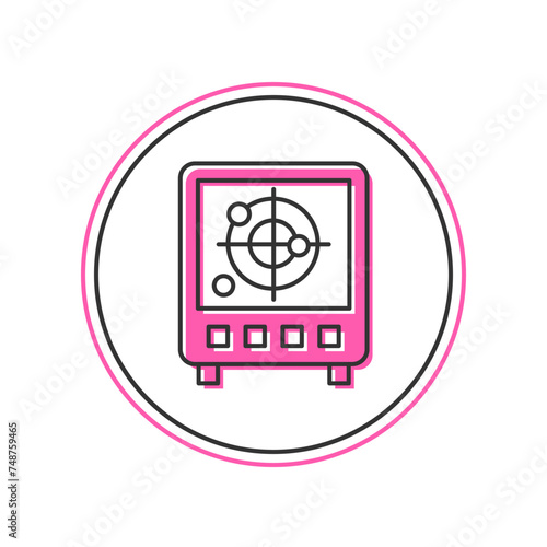 Filled outline Radar with targets on monitor in searching icon isolated on white background. Search system. Navy sonar. Vector