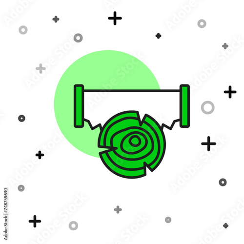Filled outline Two-handed saw and log icon isolated on white background. Vector