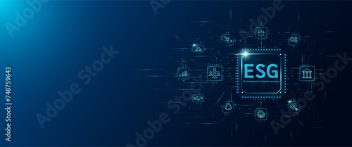 ESG letters in microchip processor circuit board and icon Environmental, social, governance. Sustainable corporation development and planning business strategy. Innovative technology digital. Vector.