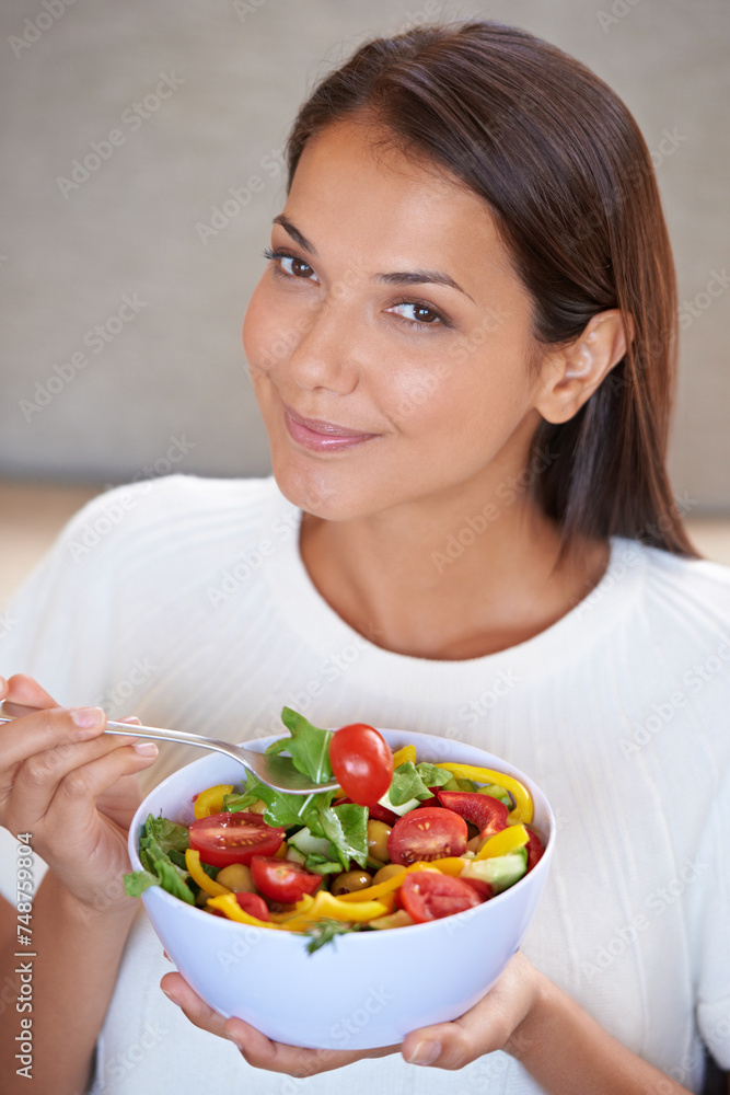 Health, smile and portrait of woman with salad for organic, wellness and fresh diet lunch. Food, vegetables and young female person enjoying produce meal, dinner or supper for nutrition at home. Health, smile and portrait of woman with salad for organic, wellness and fresh diet lunch. Food, vegetables and young female person enjoying produce meal, dinner or supper for nutrition at home.