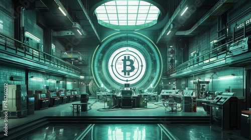 Central Bank Digital Currency (CBDC) Factory: An imaginative portrayal of a CBDC minting facility, where digital currencies are created with the stamp of governmental approval.