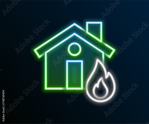 Glowing neon line Fire in burning house icon isolated on black background. Colorful outline concept. Vector