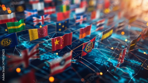 Cross border Regulatory Cooperation: Countries flags interconnected with digital lines, symbolizing cross