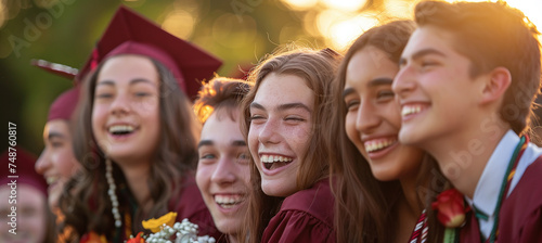 group of young high school graduates wearing oxblood robe, smiling, having fun with friends, celebrating outdoors