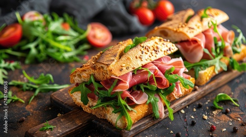 Delicious sandwiches with prosciutto cheese. Generative Ai photo