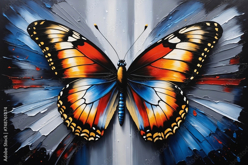 Ölgemälde eines Schmetterlings auf Leinwand. Gold, Schwarz, Blau, Rot und Grau. - obrazy, fototapety, plakaty 