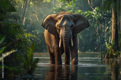 An elephant crossing a canal in a rainforest