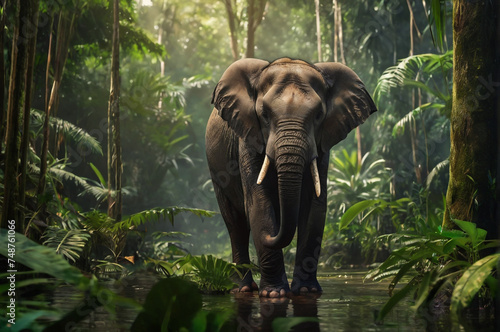An elephant crossing a canal in a rainforest