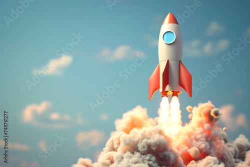 Rocket 3d simple design, Spaceship rocket on the sky