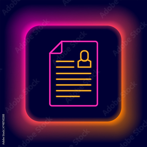 Glowing neon line Resume icon isolated on black background. CV application. Searching professional staff. Analyzing personnel resume. Colorful outline concept. Vector
