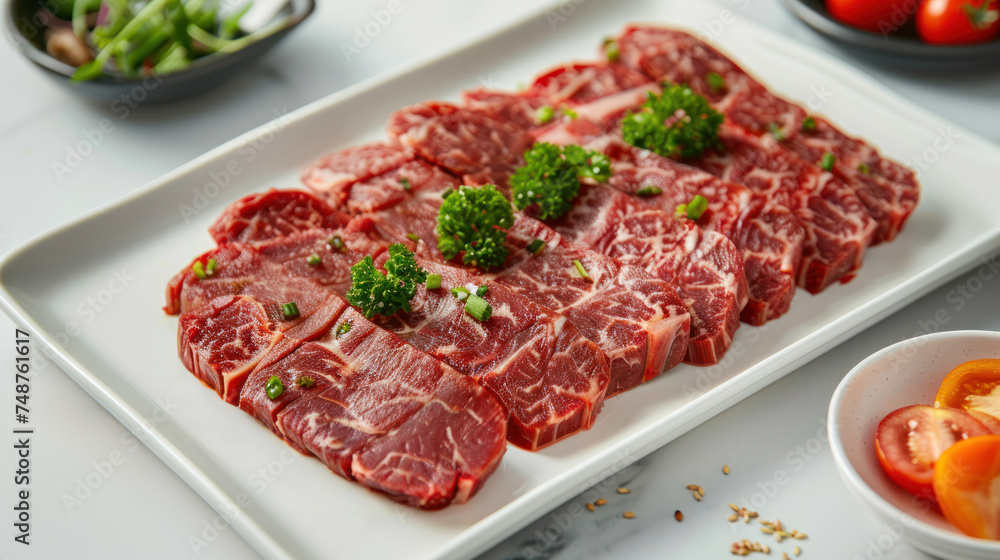 Close-up and horizontal image, Focus on sliced fatty beef meat for the grill, arranged on a white table, Generative AI