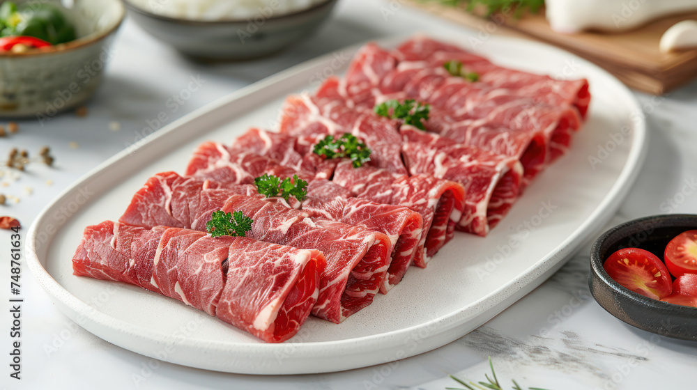 Sliced fatty beef roll on a plate, Focus on the rich color and texture of sliced fatty beef, Generative AI Sliced fatty beef roll on a plate, Focus on the rich color and texture of sliced fatty beef, Generative AI