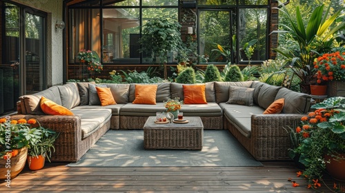 Terrace with a Comfortable Leisure Sofa, Table, and Cushions in the Yard and Garden