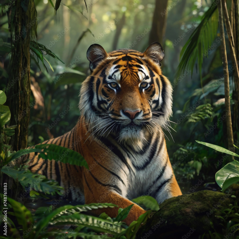 A tiger taking a rest in a rainforest