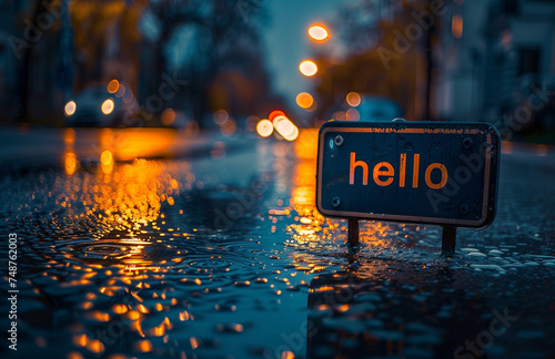 hello sign on highway with sunset, in the style of water drops photo