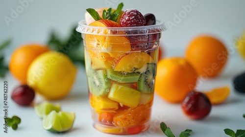 Various fruits in a transparent cup, close-up photo for a healthy drink advertisement, generative AI