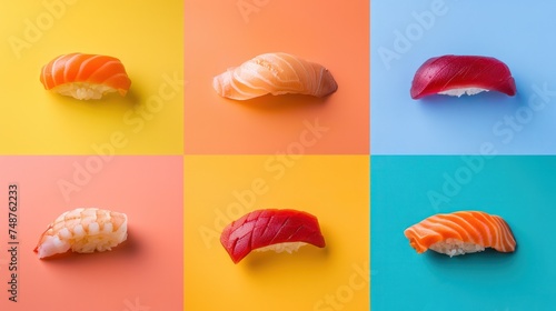 Set of various sushi on different color backgrounds, Close-up, Generative AI
