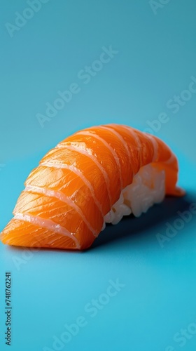 Close-up and vertical photo for advertisement, Salmon sushi, Japanese aesthetic on soft blue background, Generated by AI