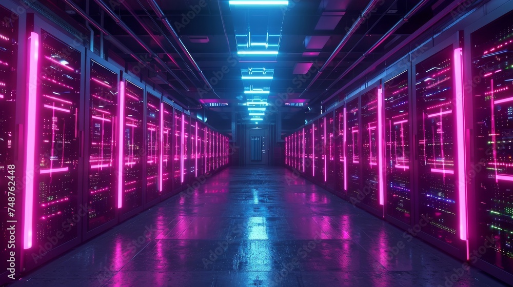 Crypto Mining Farm: An expansive view of a high tech crypto mining operation, with rows of rigs under cool, neon lights.