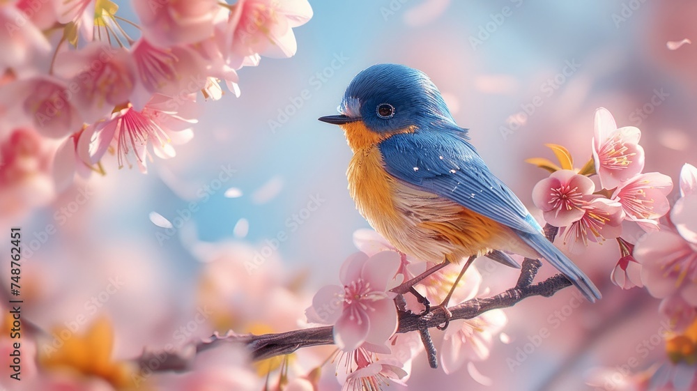 Vibrant blue and yellow bird perched delicately among pink blossoming branches Vibrant blue and yellow bird perched delicately among pink blossoming branches