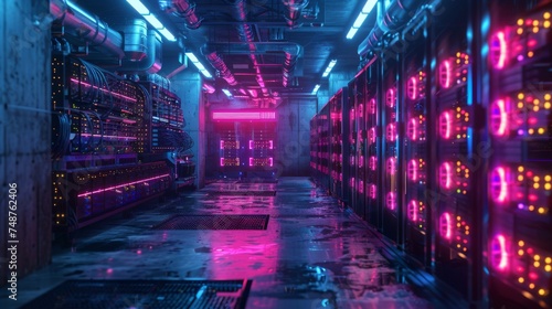 Crypto Mining Farm: An expansive view of a high tech crypto mining operation, with rows of rigs under cool, neon lights.