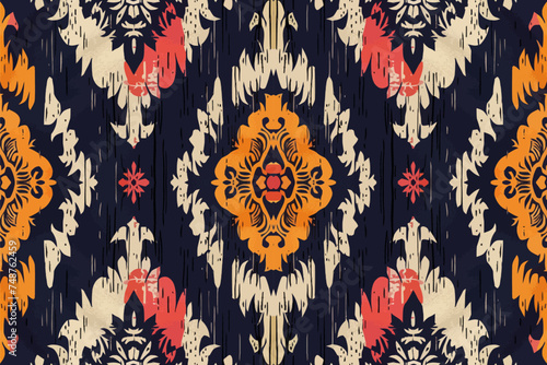 Ikat seamless patterns influence famous cultural symbols in flat design elements.