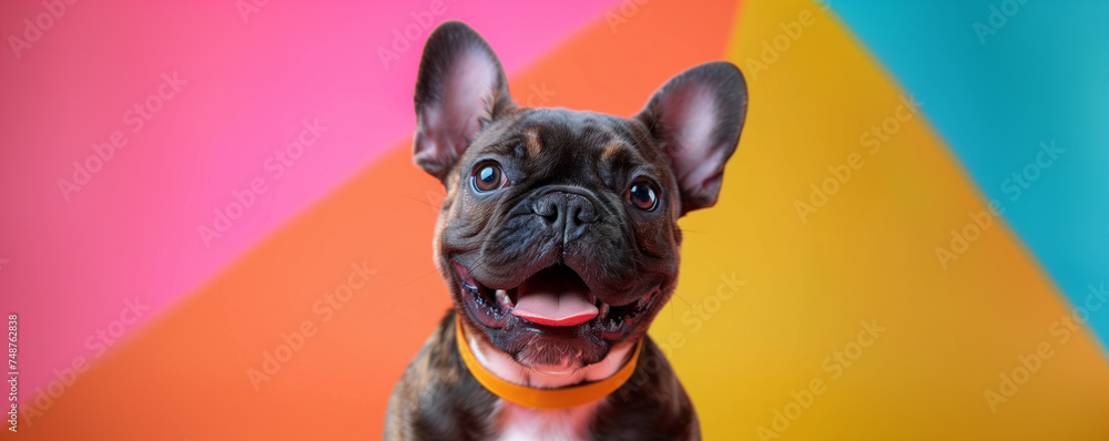 A cheerful French Bulldog shines in a colorful studio, captured through professional photography. The vibrant setting enhances the dog's happiness, making it perfect for lively and joyful content.