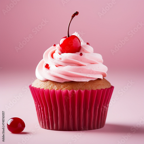3d photo of delicious cupcake with cherry made with generative ai