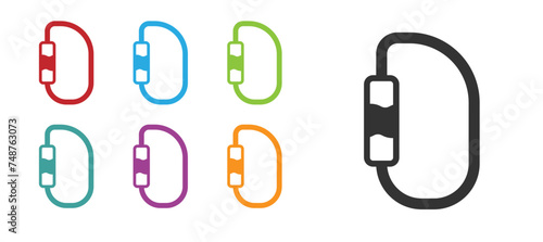 Black Carabiner icon isolated on white background. Extreme sport. Sport equipment. Set icons colorful. Vector